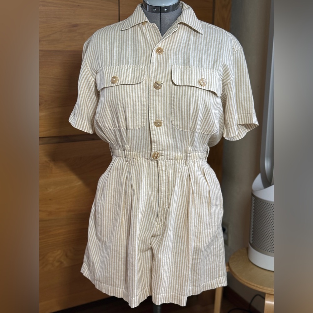 Vintage Esprit Beige Striped Button-Front Jumpsuit